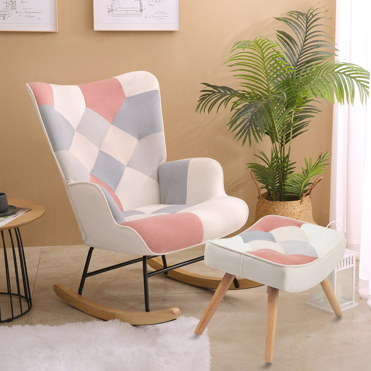 Rocking Chair with ottoman, Mid Century Fabric Rocker Chair with Wood Legs and Patchwork Linen for Livingroom Bedroom - V.I.P Digital Presence