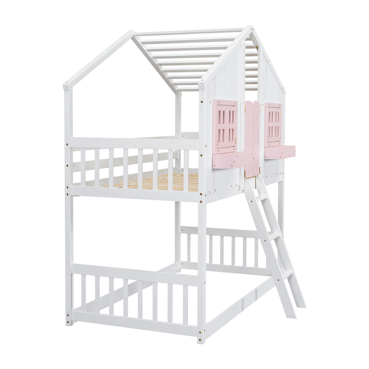 Twin over Twin House Bunk Bed with Roof , Window, Window Box, Door , with Safety Guardrails and Ladder, Pink/White - V.I.P Digital Presence