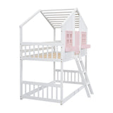 Twin over Twin House Bunk Bed with Roof , Window, Window Box, Door , with Safety Guardrails and Ladder, Pink/White - V.I.P Digital Presence
