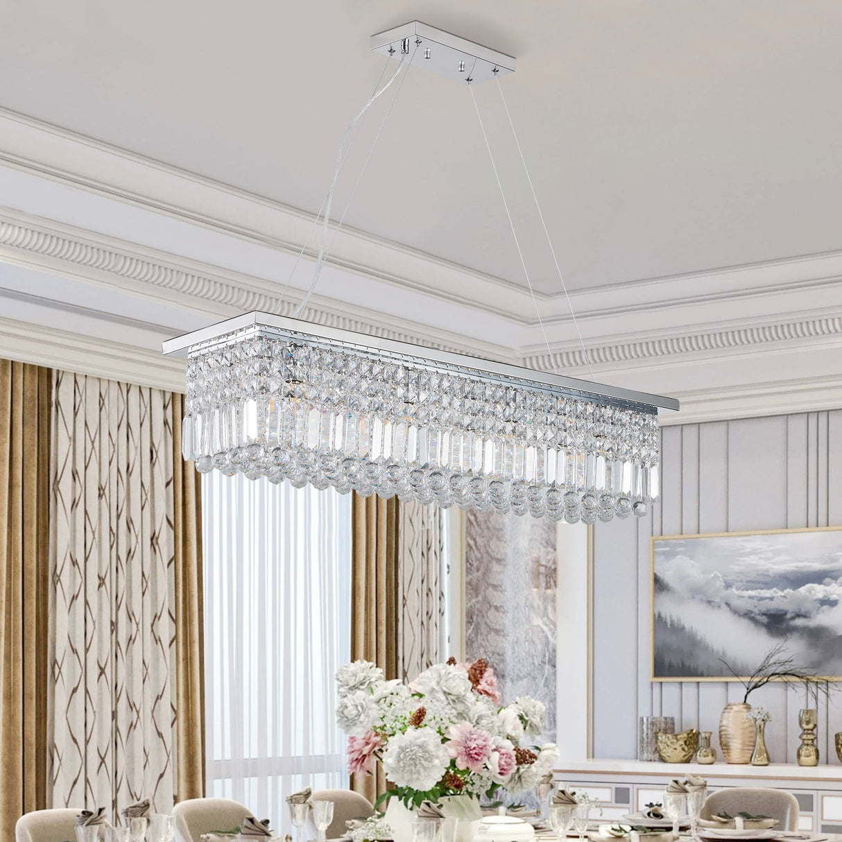 Modern Crystal Chandelier for Dining Room 8-Light White Rectangle Raindrop L39.4'' x W9.8'' x H8.7'(Bulb Not Included) - V.I.P Digital Presence