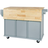 Kitchen handcart with rubber wood leaf countertop, storage cabinet, shelf, and 3 dining room drawers, gray blue - V.I.P Digital Presence