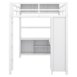 Metal loft bed with wardrobe and L-shaped desk, full-size loft bed with storage cabinet and shelf, white - V.I.P Digital Presence