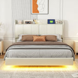 Large floating bed frame with storage headboard, touch sensor, night light and USB charger, padded platform bed, beige color - V.I.P Digital Presence