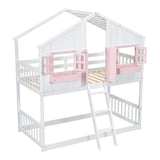 Twin over Twin House Bunk Bed with Roof , Window, Window Box, Door , with Safety Guardrails and Ladder, Pink/White - V.I.P Digital Presence