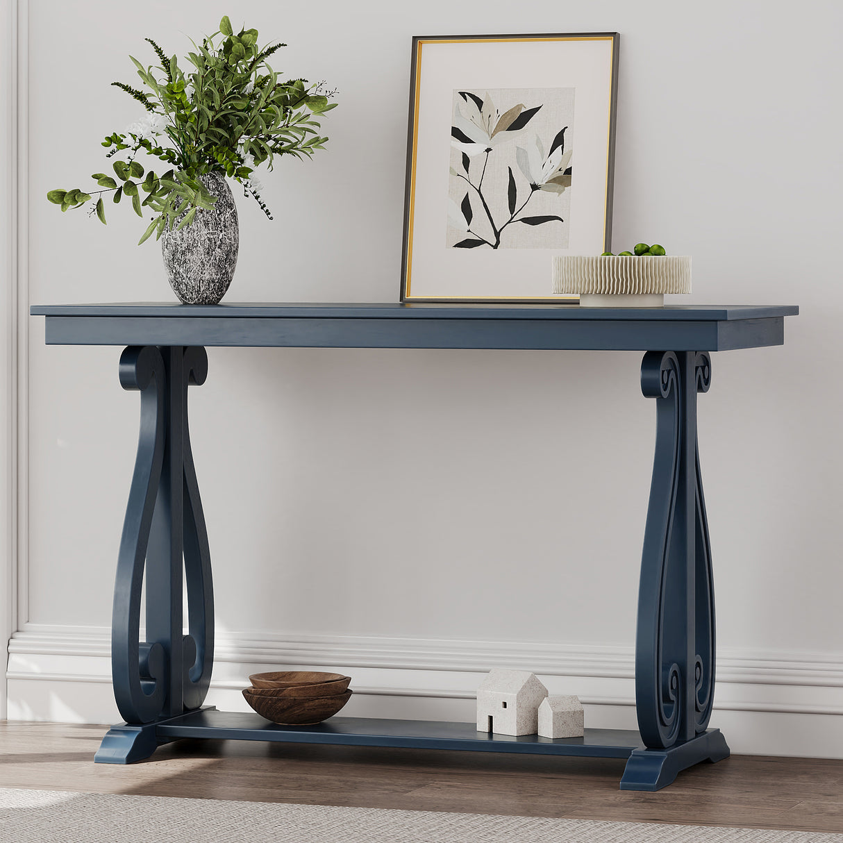 48-Inch Rustic Vintage Console Table --- Farmhouse Style Entryway Table with Open Shelf and Sturdy Construction (Navy) - V.I.P Digital Presence