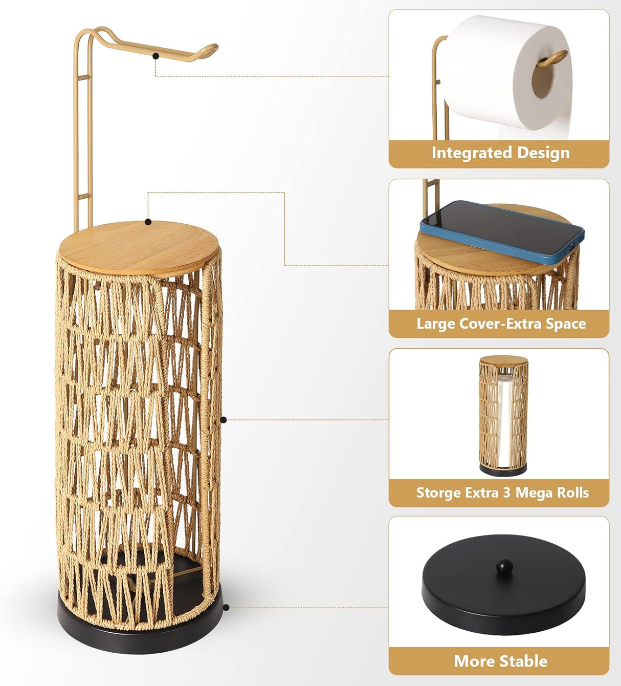 Freestanding Toilet Paper Holder with Storage 3 Rolls of Tissue Holder for Bathroom Handmade Woven Toilet Paper Roll Stand - V.I.P Digital Presence