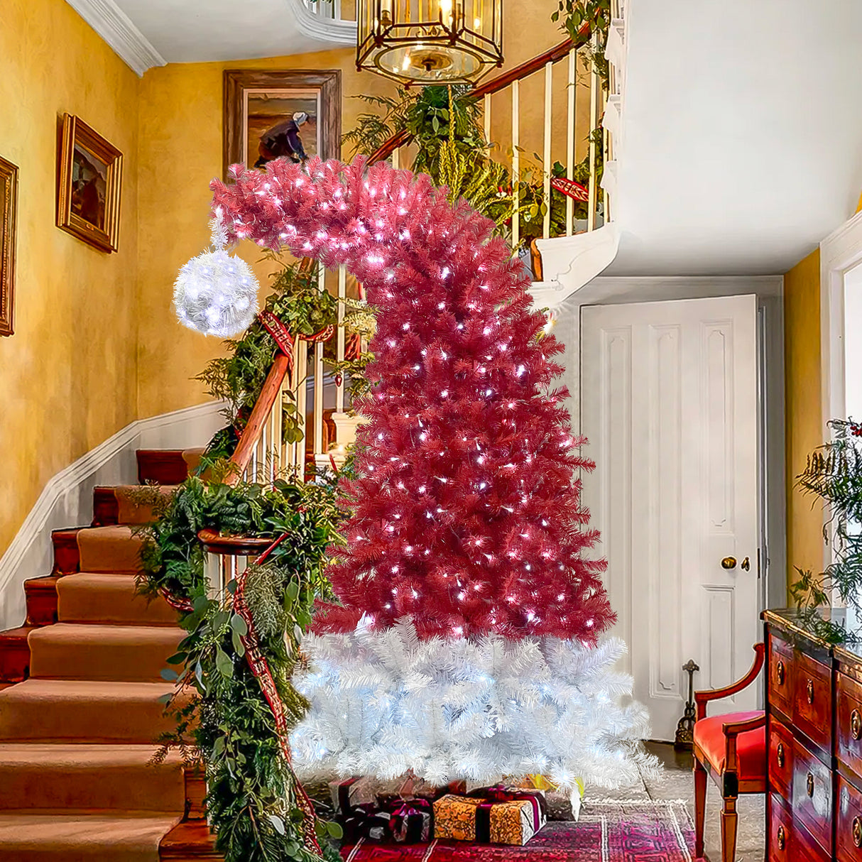 6FT hinge fir artificial fir curved top Christmas tree, bendable, 1250 lush branch hints, 300 LED Christmas lights - V.I.P Digital Presence