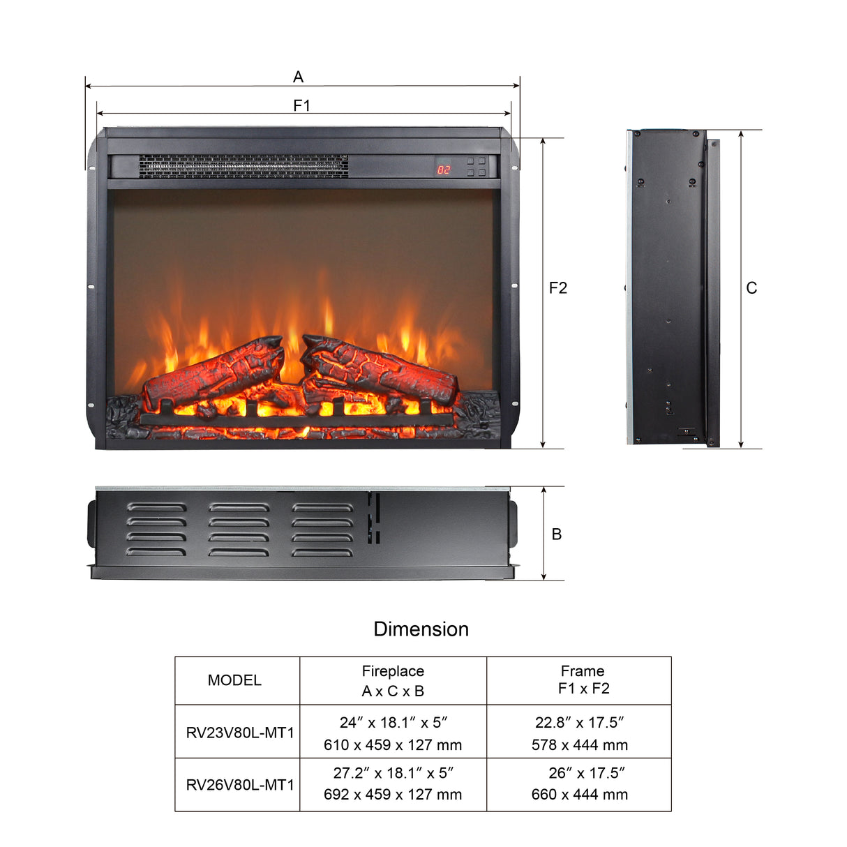 23 inch electric fireplace insert ultra thin heater with log set & realistic flame remote control - V.I.P Digital Presence