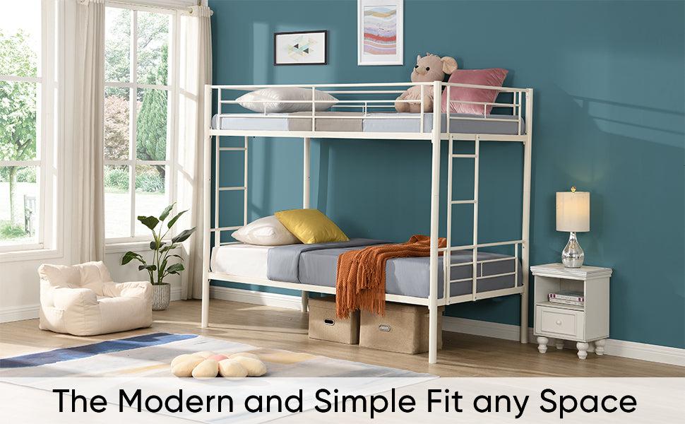 Twin metal bunk beds, metal structure bed frame with safety guardrails and 2 ladders, convertible bunk beds, white - V.I.P Digital Presence