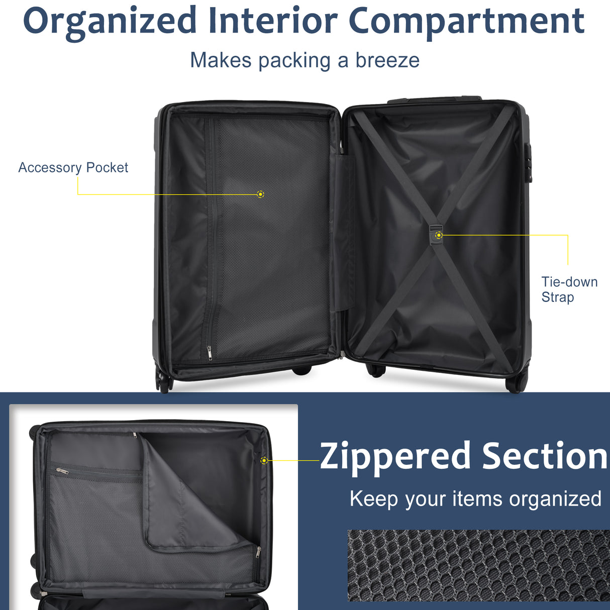 Hardshell Luggage Sets 3 Pcs Spinner Suitcase with TSA Lock Lightweight 20''24''28'' Blue + ABS