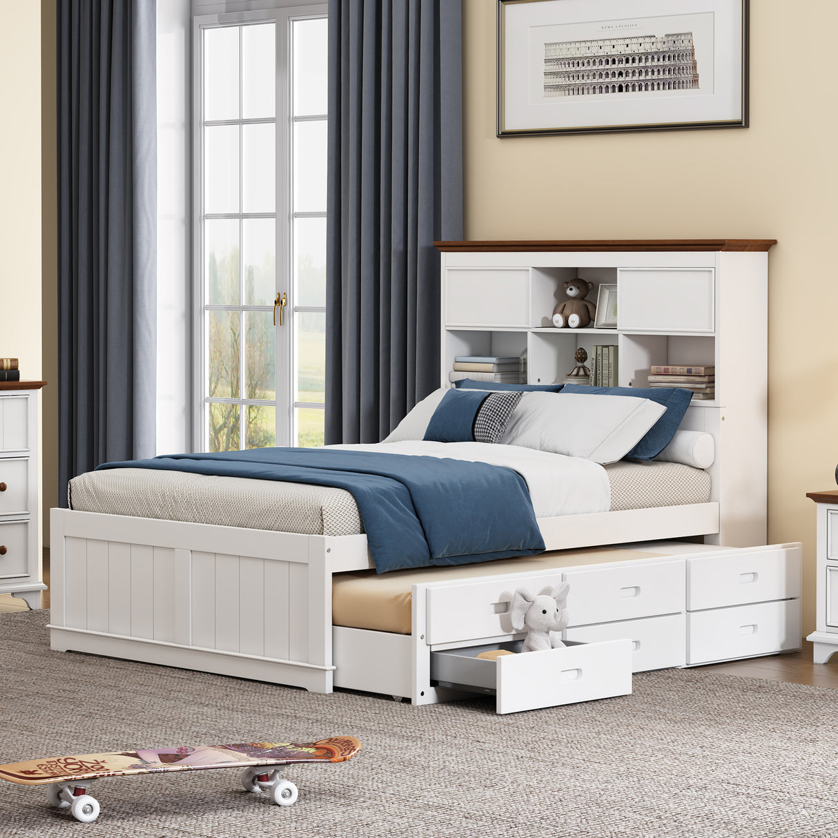 Solid Pine Captain Bookcase Bed with Trundle Bed and 3 Spacious Under Bed Drawers in Casual,Full, White+Walnut - V.I.P Digital Presence