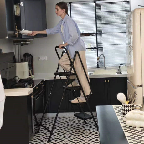 Four step ladder, lightweight folding four step stool, wide anti slip pedal and safety handle, sturdy steel ladder - V.I.P Digital Presence