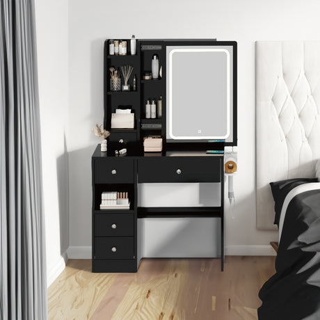 Left drawer desktop vanity+cushioned stool, 2 AC+2 USB power stations, touch sliding LED mirror, tri color switch - V.I.P Digital Presence