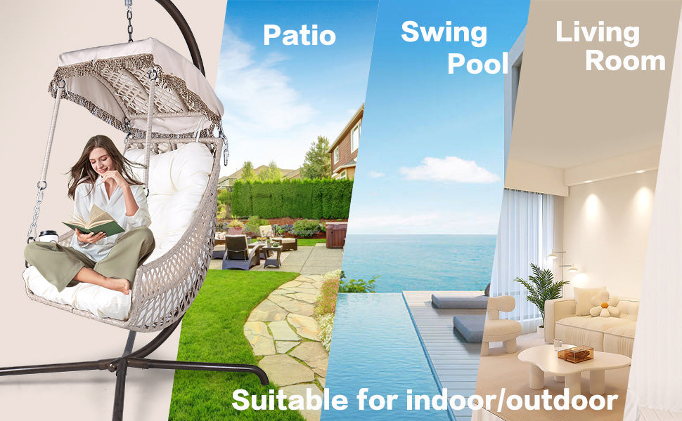 Swing Egg Chair with Stand Indoor Outdoor Wicker Rattan Frame 350lbs Capacity Hammock Chair for Patio Bedroom with Sunshade Clot - V.I.P Digital Presence