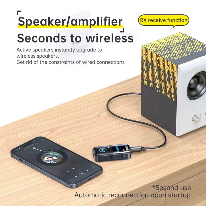 Receptor y transmisor de audio Bluetooth 5.4 de 3,5 mm con entrada AUX y compatible con tarjeta TF, adaptador de audio inalámbrico con micrófono y pantalla digital LED. 