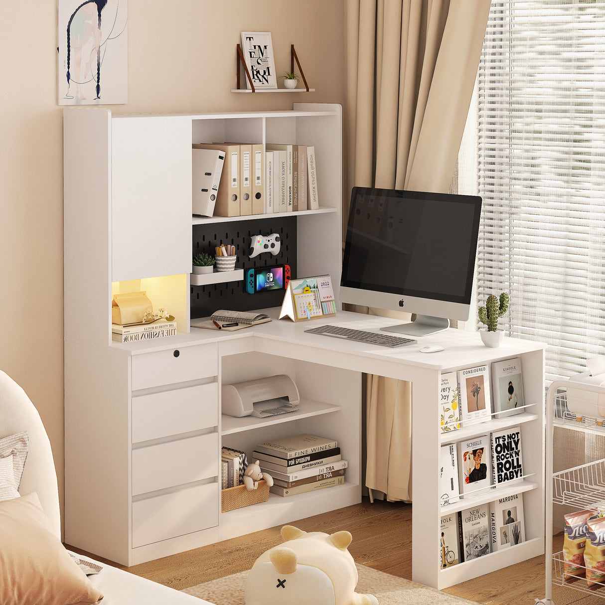 L-shaped office desk with charger, bookshelf with drawers and LED lights, and corner gaming computer desk with storage space - V.I.P Digital Presence