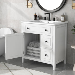 30" Bathroom Vanity with Sink Top, Bathroom Vanity Cabinet with Door and Two Drawers, Solid Wood Frame, One Package, White - V.I.P Digital Presence
