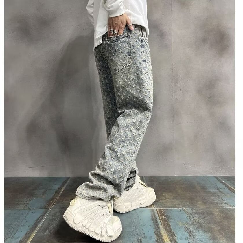 High Street Hip Hop Trousers, Trendy Brand Cool and Handsome Jacquard Full Print Jeans for Men, American Style Vibe Straight Leg Pants - V.I.P Digital Presence
