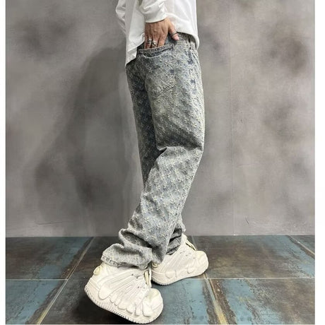 High Street Hip Hop Trousers, Trendy Brand Cool and Handsome Jacquard Full Print Jeans for Men, American Style Vibe Straight Leg Pants - V.I.P Digital Presence