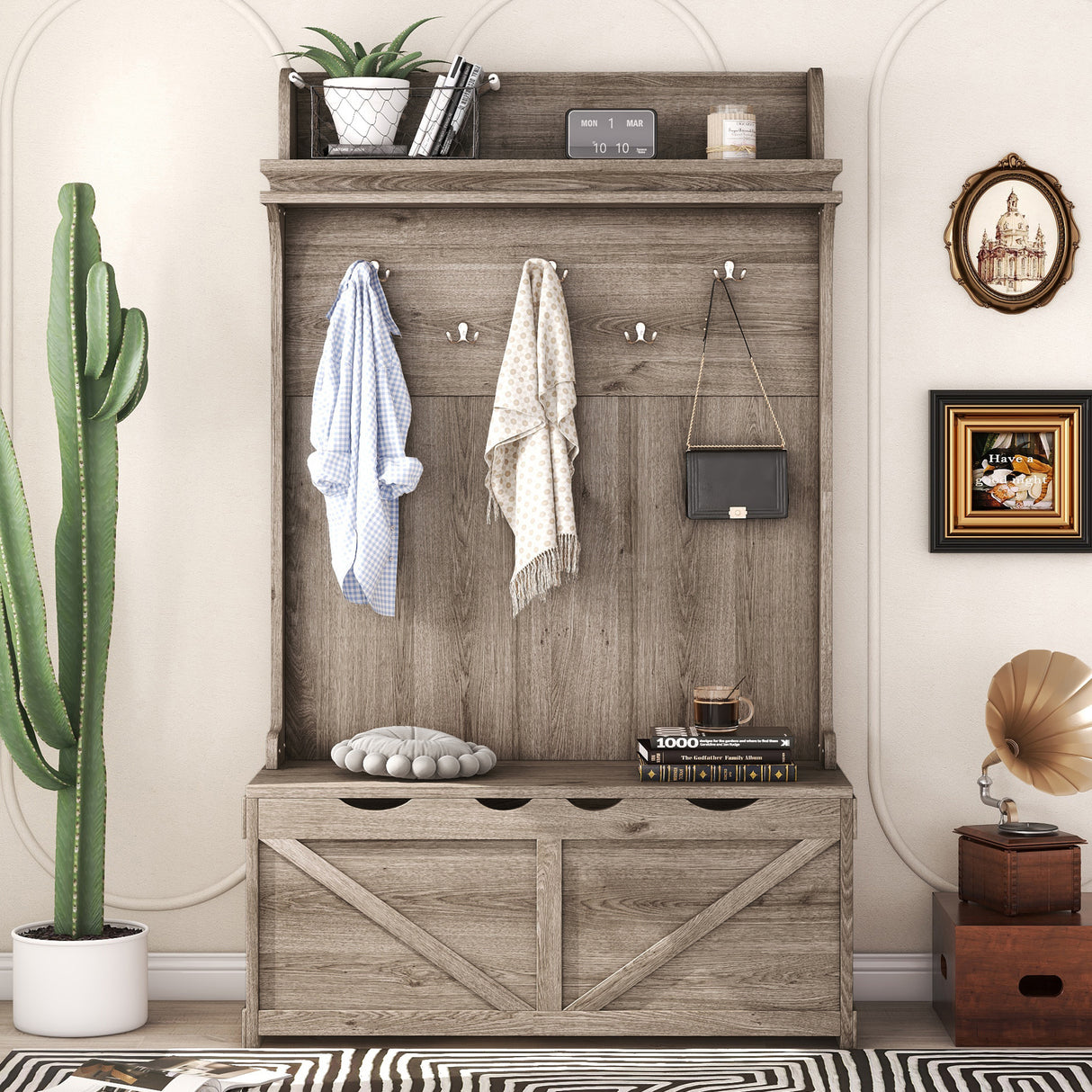 Hall tree with storage desk, entrance desk with drawers and 5 hooks, display rack,Oak - V.I.P Digital Presence