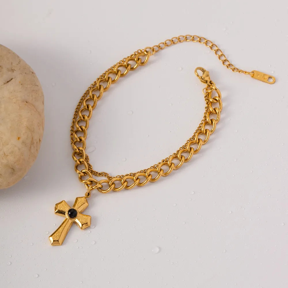 Stainless Steel Imitation Gemstone Cross Shape Pendant Bracelet - V.I.P Digital Presence