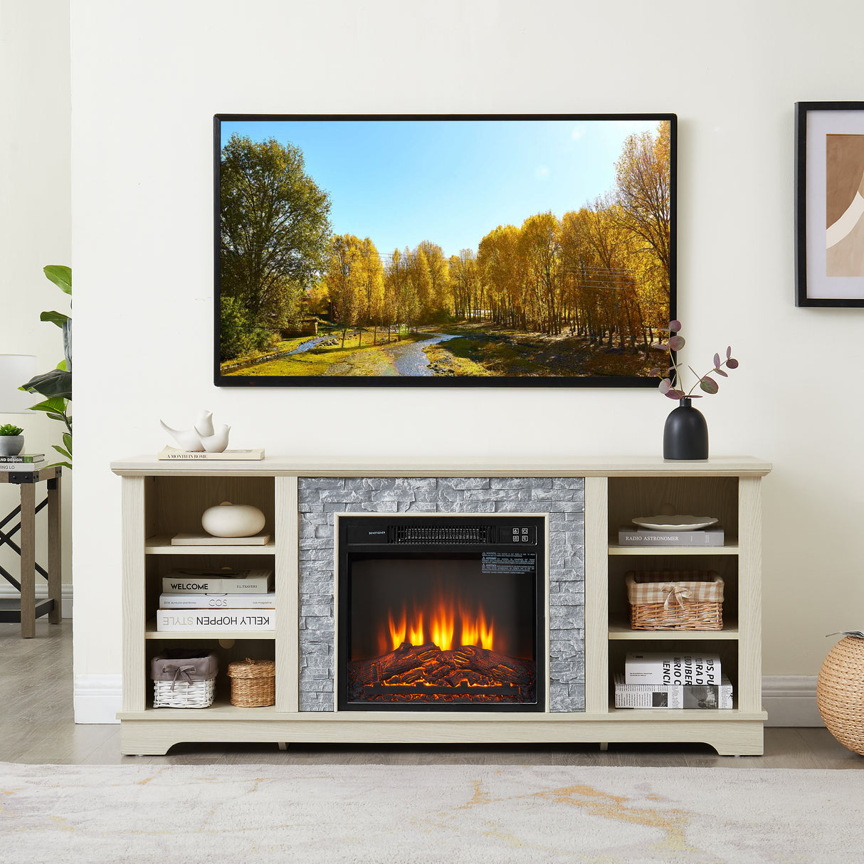 Mantel electric fireplace stone TV media stand, open storage console space, with 18 inch fireplace insert, white - V.I.P Digital Presence