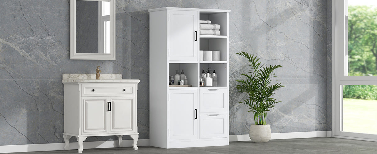 Bathroom storage cabinet with doors and drawers, multiple storage spaces, independent, open adjustable shelves, white - V.I.P Digital Presence