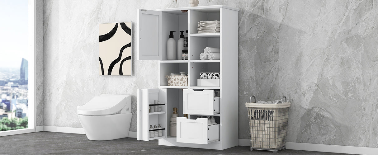 Bathroom storage cabinet with doors and drawers, multiple storage spaces, independent, open adjustable shelves, white - V.I.P Digital Presence