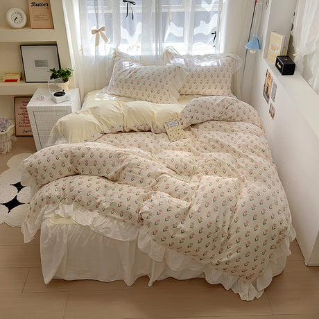 Skin friendly French romantic lace washed cotton printed bed bedding skirt four piece set of bed sheets bedsheet - V.I.P Digital Presence