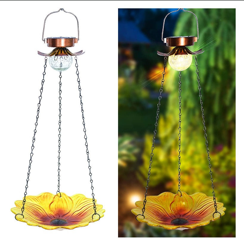 Solar Hanging Bird Bath for Outdoors 24 inch Glass Bird Feeder Sunflower Tray Crackle Ball Light Waterproof Yard Garden Decorati - V.I.P Digital Presence
