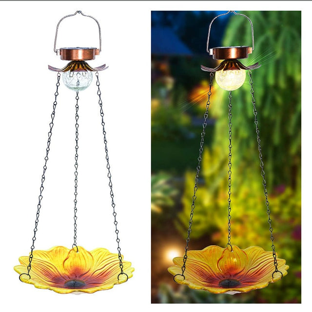 Solar Hanging Bird Bath for Outdoors 24 inch Glass Bird Feeder Sunflower Tray Crackle Ball Light Waterproof Yard Garden Decorati - V.I.P Digital Presence