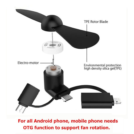 3 IN 1 Travel Portable Cell Phone Mini Fan Cooling Cooler For Micro USB C For iPhone 5 6 6S 7 Plus 8 X for Android Type-c - V.I.P Digital Presence