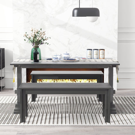 TREXM 3-piece retro cutlery set, rectangular stand table, and 2 wooden stools for 4 people (gray) - V.I.P Digital Presence