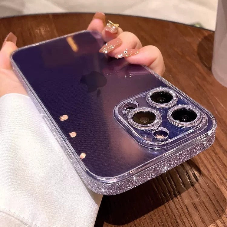 Sparkling pink border phone case transparent and suitable for Apple 14proMax creative mirror 13 glass protective case - V.I.P Digital Presence