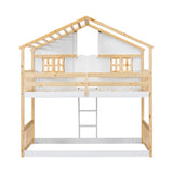 Twin over Twin House Bunk Bed with Roof , Window, Window Box, Door , with Safety Guardrails and Ladder, Natural/White - V.I.P Digital Presence