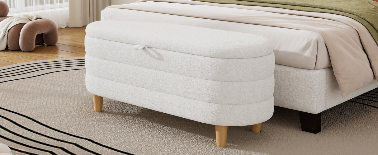 Elegant Upholstered Sherpa Fabric Storage Ottoman with Wood Legs, Storage Bench for Bedroom, Living Room, White - V.I.P Digital Presence