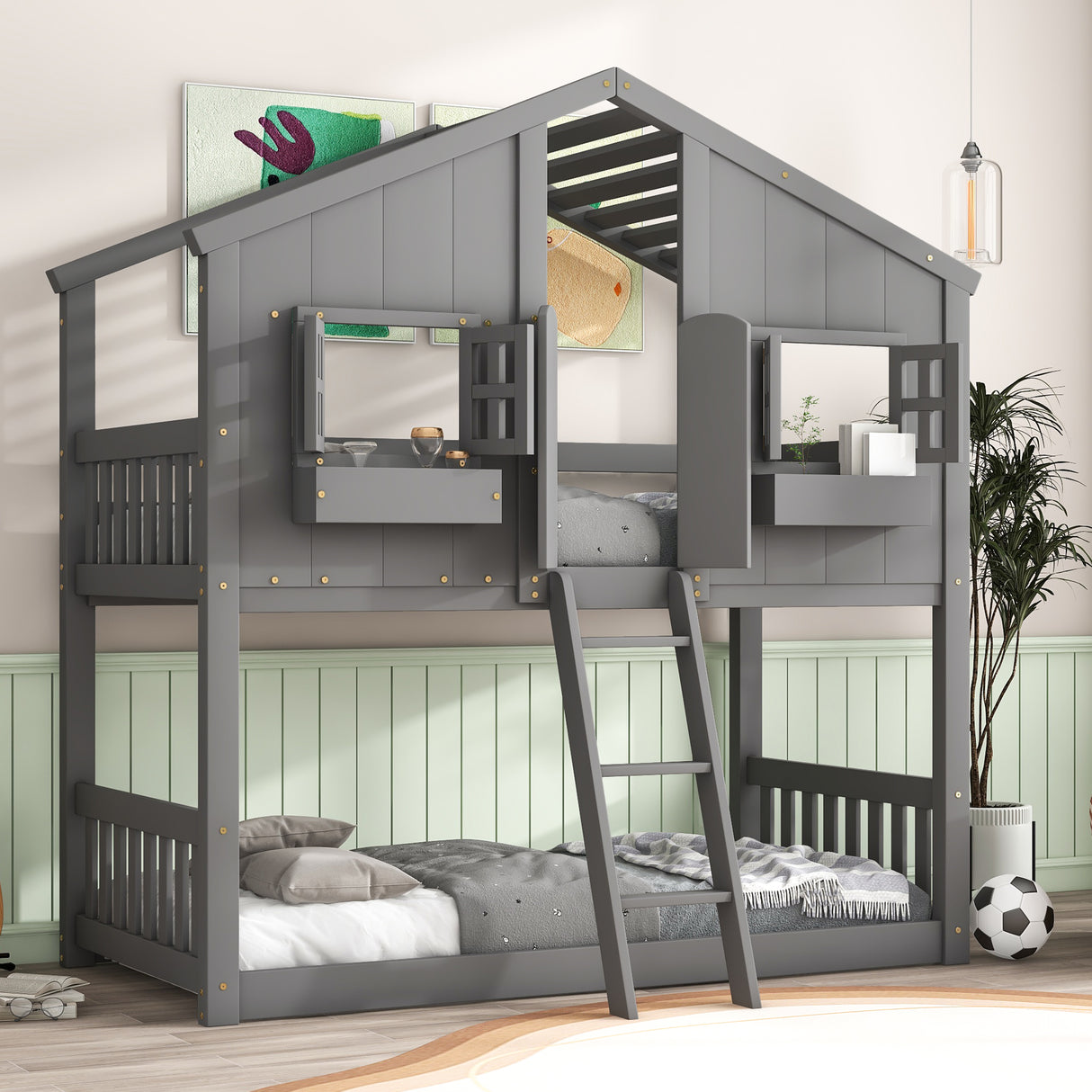 Twin over Twin House Bunk Bed with Roof , Window, Window Box, Door , with Safety Guardrails and Ladder, Grey - V.I.P Digital Presence