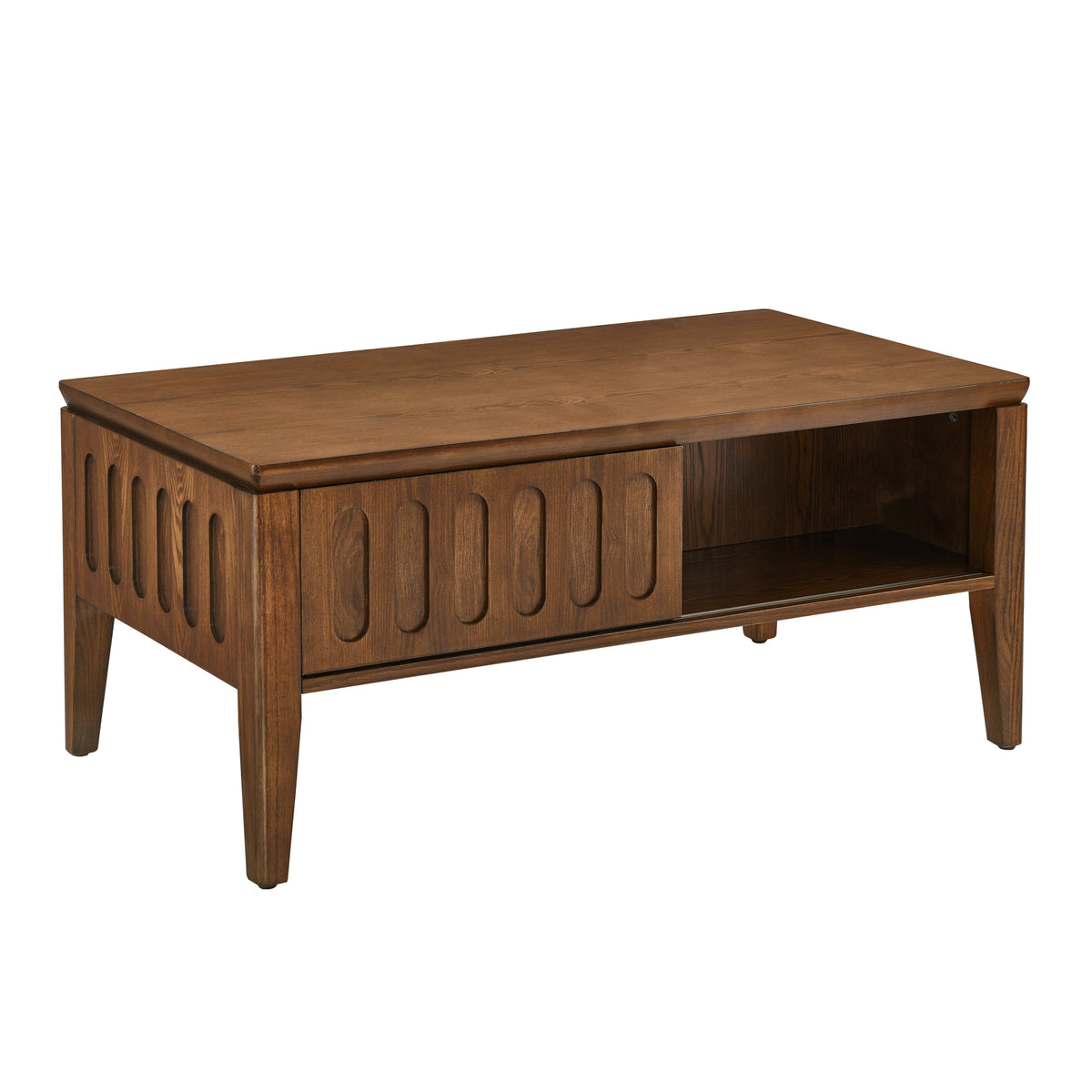 Medieval modern flute coffee table with storage sliding door and solid wood legs, vintage farmhouse wood central table - V.I.P Digital Presence