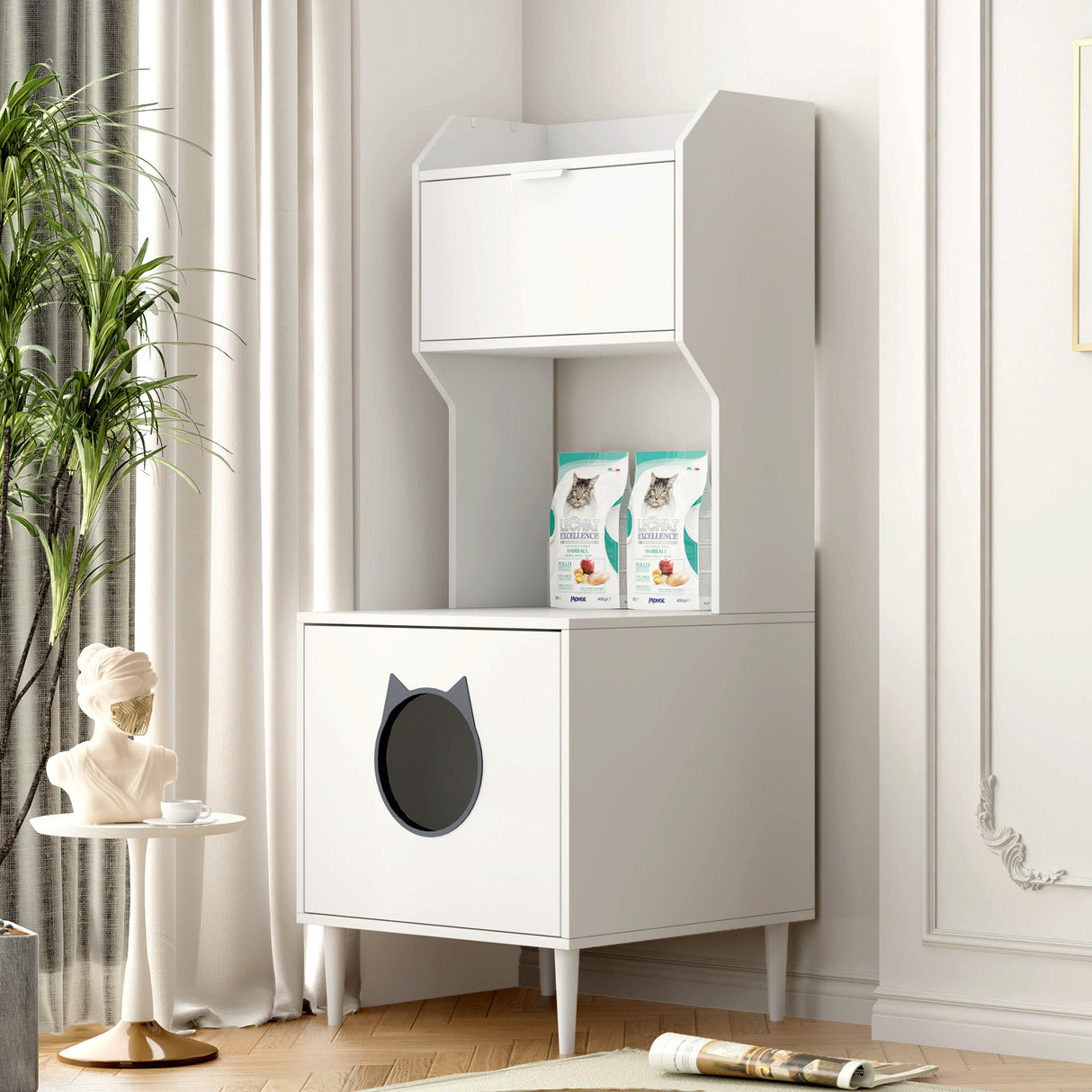 White wooden hidden cat trash can with rack and trash can shell, indoor cat house pet box, storage cabinet - V.I.P Digital Presence
