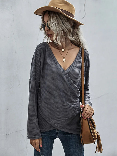 Waffle-Knit Surplice Long Sleeve Top - V.I.P Digital Presence