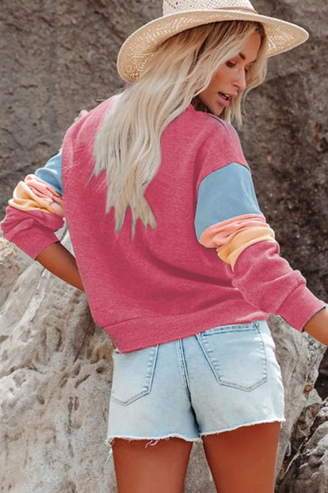 Color Block Round Neck Long Sleeve Sweatshirt - V.I.P Digital Presence