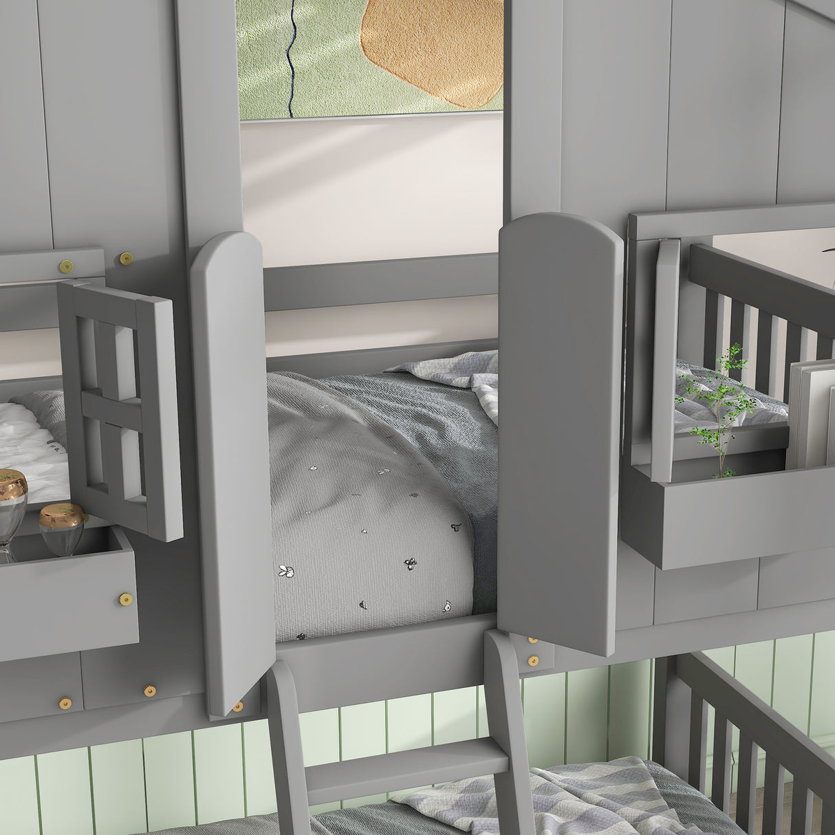 Twin over Twin House Bunk Bed with Roof , Window, Window Box, Door , with Safety Guardrails and Ladder, Grey - V.I.P Digital Presence
