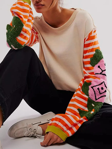 Striped Round Neck Long Sleeve Sweatshirt - V.I.P Digital Presence