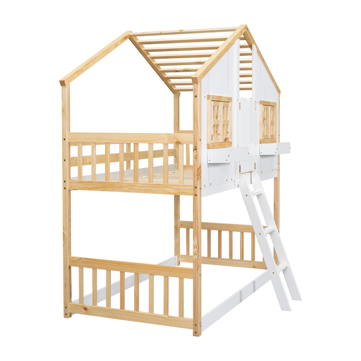 Twin over Twin House Bunk Bed with Roof , Window, Window Box, Door , with Safety Guardrails and Ladder, Natural/White - V.I.P Digital Presence