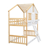 Twin over Twin House Bunk Bed with Roof , Window, Window Box, Door , with Safety Guardrails and Ladder, Natural/White - V.I.P Digital Presence