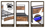 Full size bedstead with storage headboard and 2 drawers, LED light bed with charging station, metal Flat noodles support - V.I.P Digital Presence