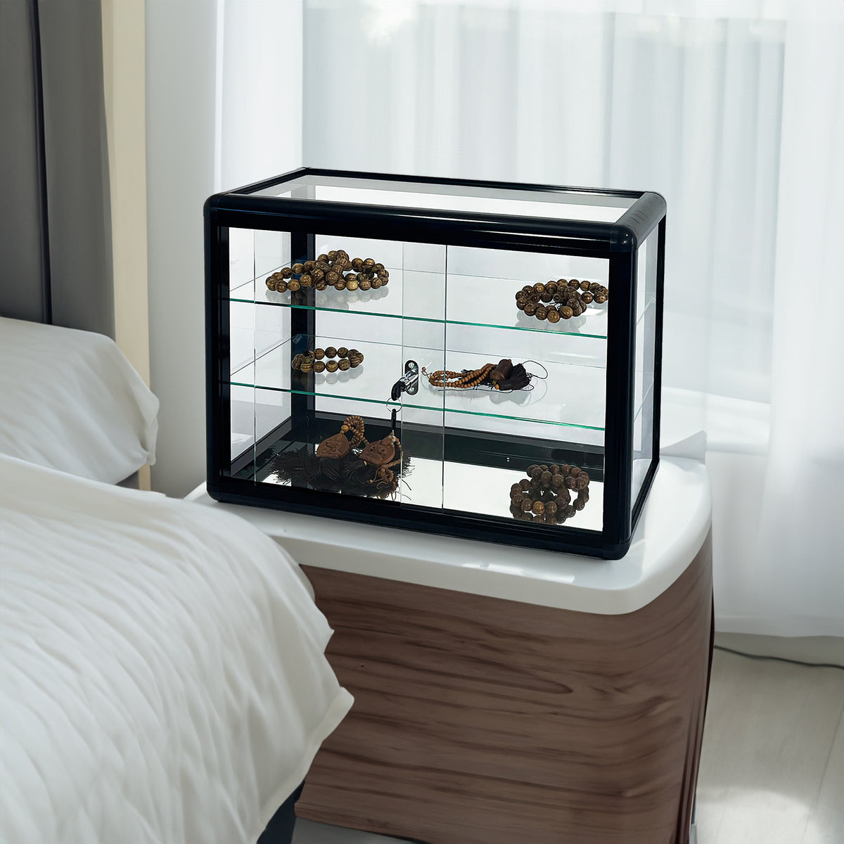Tempered glass counter top display cabinet with sliding glass door and lock, standard aluminum frame - V.I.P Digital Presence
