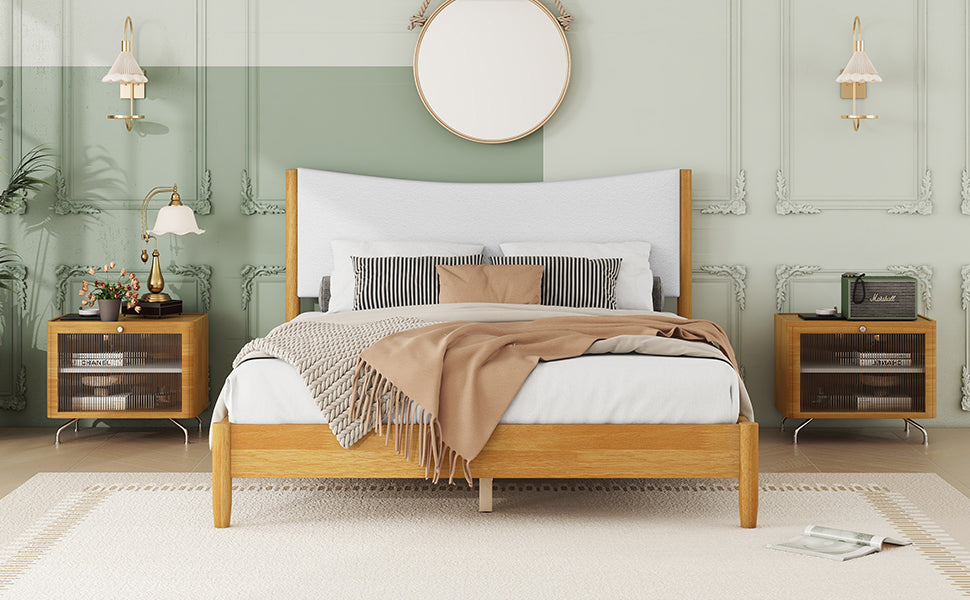 Queen Size Rubber Wooden , Solid Wooden Bed with Teddy Velvet Cushion Upholstered Headboard, Enhanced by Support Feet - V.I.P Digital Presence