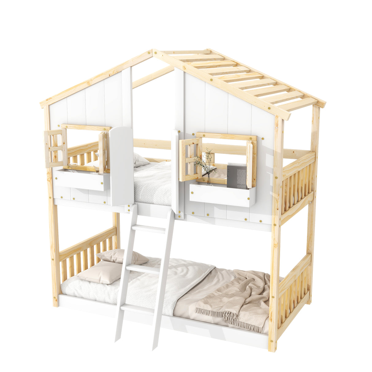 Twin over Twin House Bunk Bed with Roof , Window, Window Box, Door , with Safety Guardrails and Ladder, Natural/White - V.I.P Digital Presence