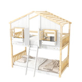 Twin over Twin House Bunk Bed with Roof , Window, Window Box, Door , with Safety Guardrails and Ladder, Natural/White - V.I.P Digital Presence